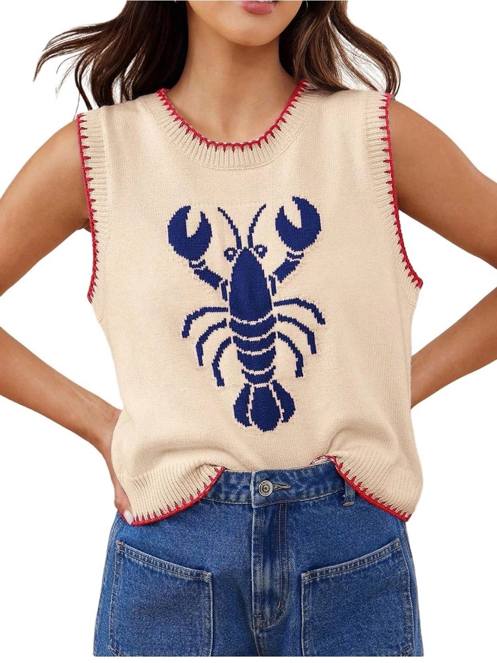 Cream V-Neck Lobster Knit Sweater Vest